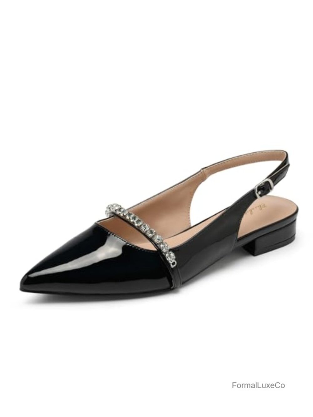 Elisabet Tang Women Slingback Flats Rhinestone Pointed Toe Faux Leather Dressy